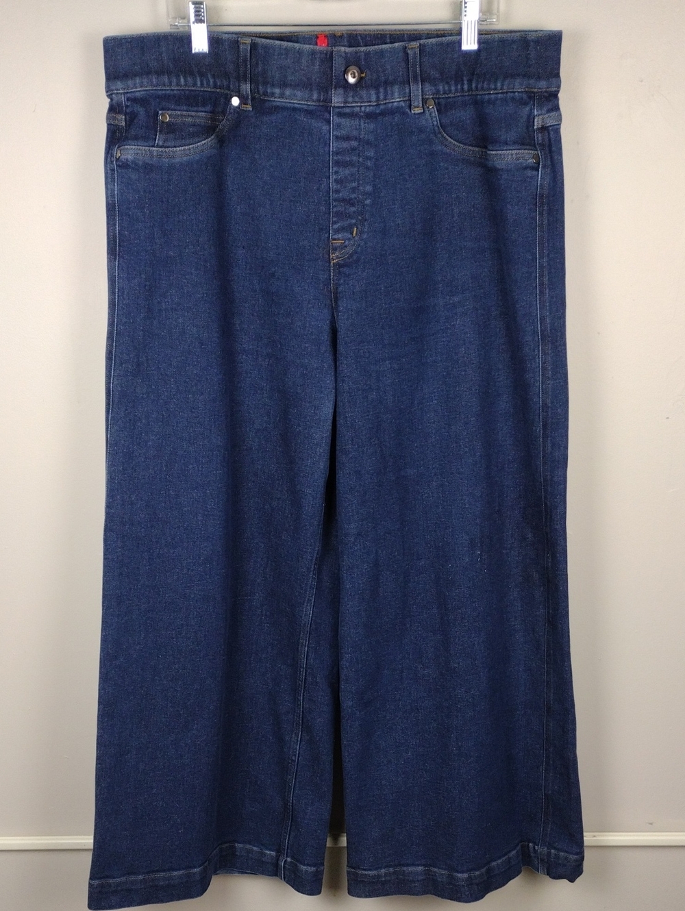 Spanx Women Plus Raw Indigo High Rise Elastic Waist Pull On Wide Leg Ankle Jean